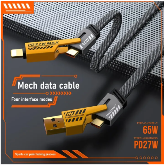 4 In 1 Data Cable – Usb-c & Lightning Connectors, Braided Durable Design, Fast Charging & Data Transfer, Black With Yellow Connectors