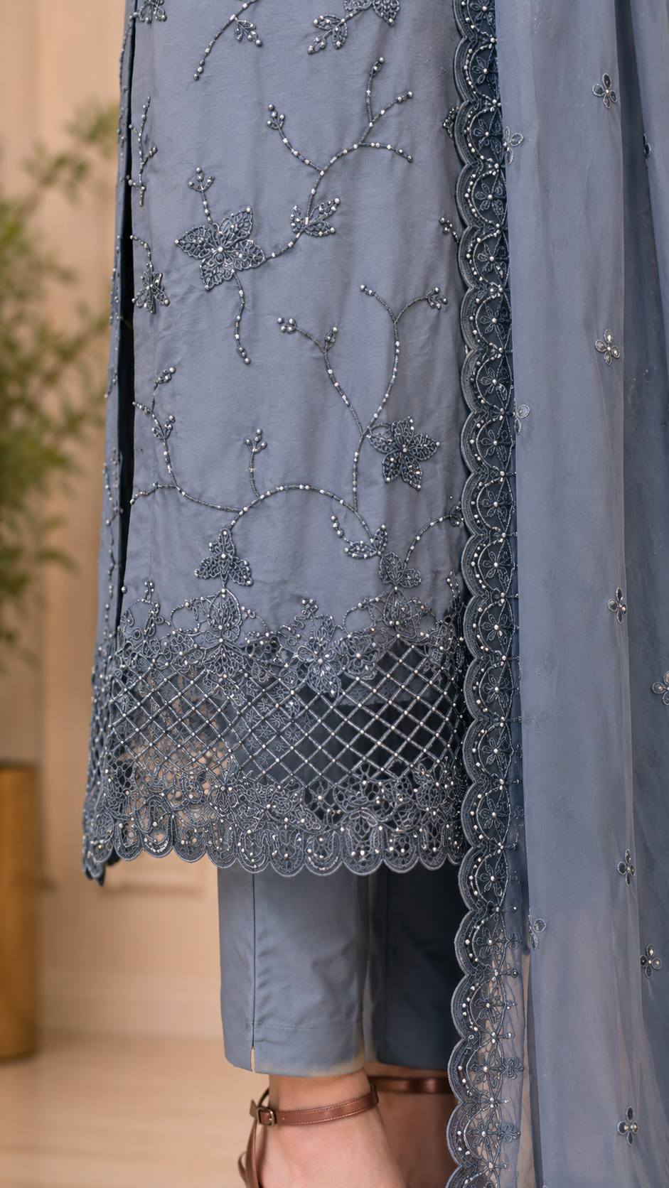 Luxury Embroidered Silk 3 Piece Suit with Embroidered Border Dupatta โ Grey