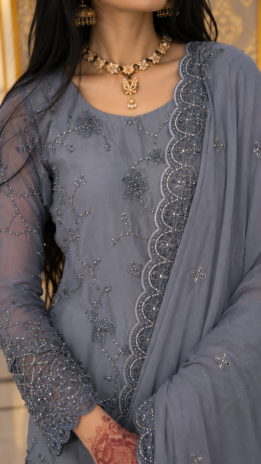 Luxury Embroidered Silk 3 Piece Suit with Embroidered Border Dupatta – Grey