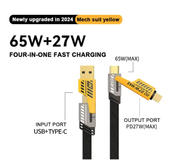 4 In 1 Data Cable – Usb-c & Lightning Connectors, Braided Durable Design, Fast Charging & Data Transfer, Black With Yellow Connectors