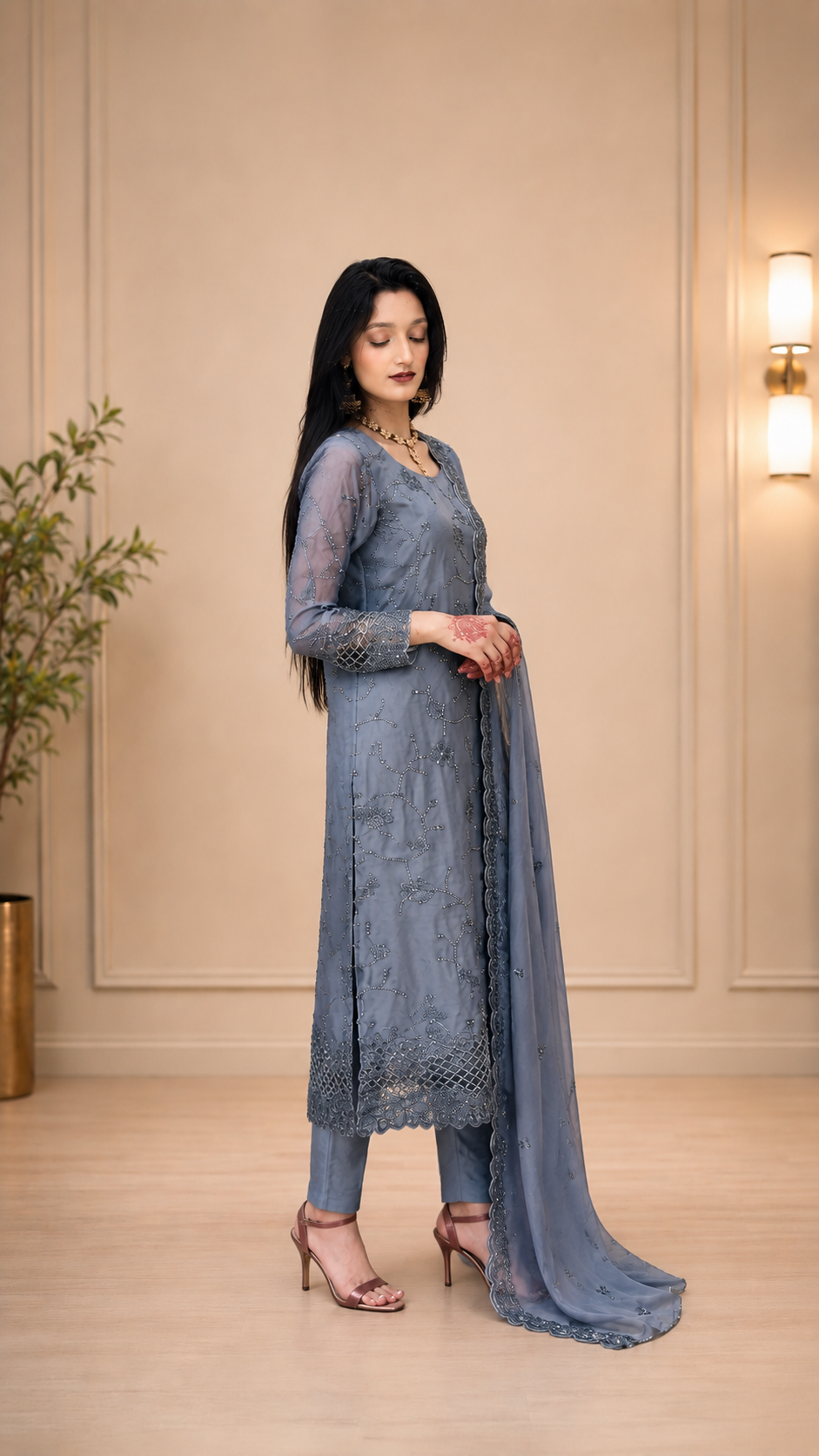 Luxury Embroidered Silk 3 Piece Suit with Embroidered Border Dupatta – Grey