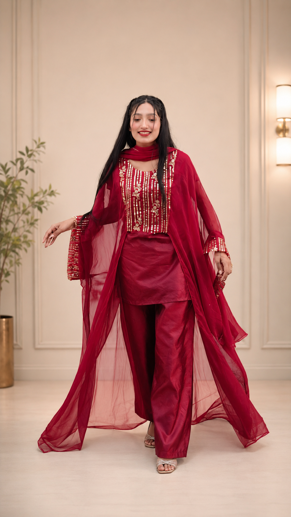 Royal Silk Embroidered 3 Piece Suit with Full-Length Net Sleeves & Wide Leg Trouser 💖