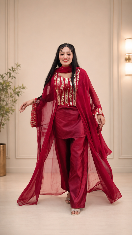 Royal Silk Embroidered 3 Piece Suit with Full-Length Net Sleeves & Wide Leg Trouser 💖