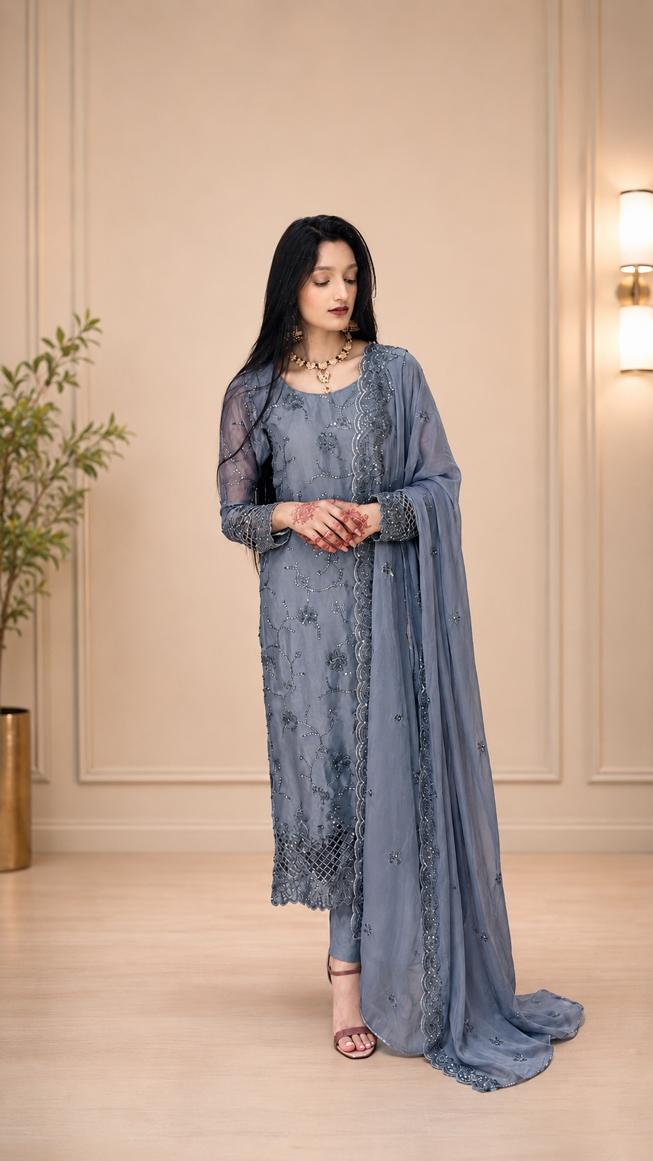 Luxury Embroidered Silk 3 Piece Suit with Embroidered Border Dupatta – Grey