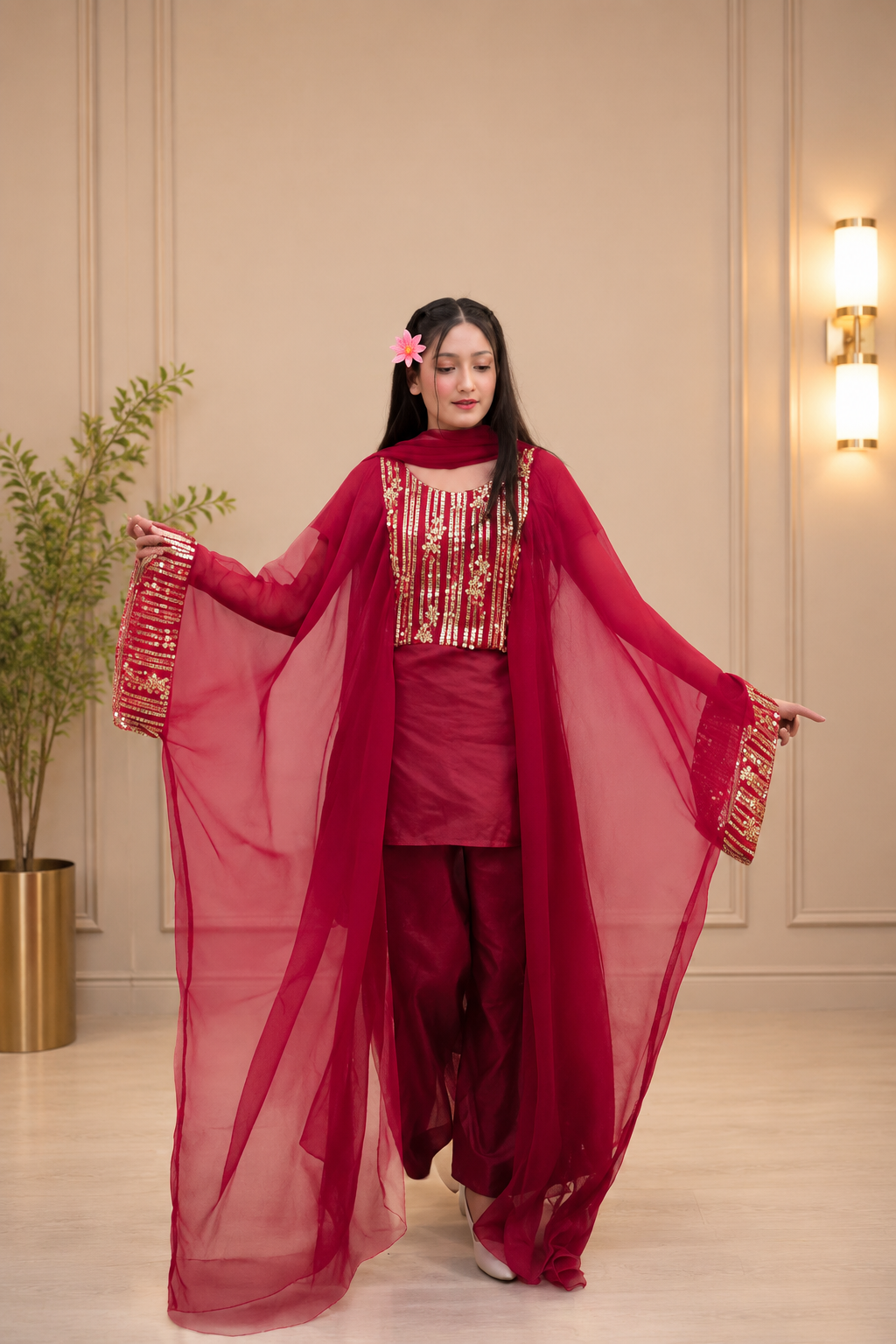 Royal Silk Embroidered 3 Piece Suit with Full-Length Net Sleeves & Wide Leg Trouser 💖