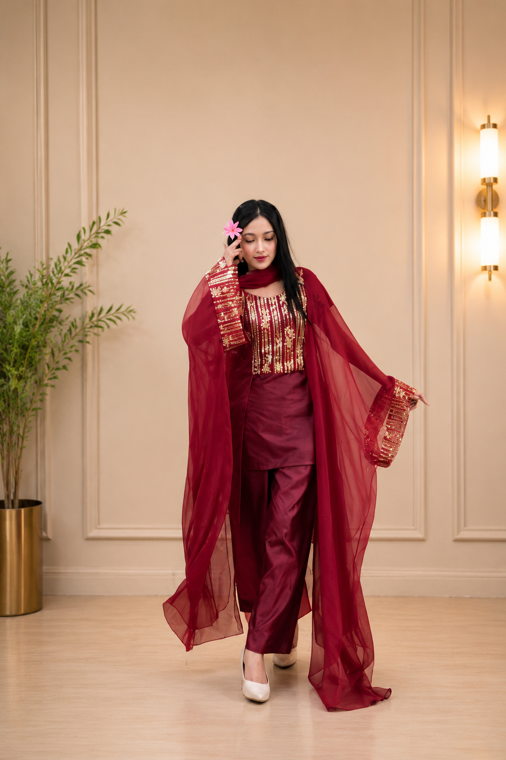 Royal Silk Embroidered 3 Piece Suit with Full-Length Net Sleeves & Wide Leg Trouser 💖