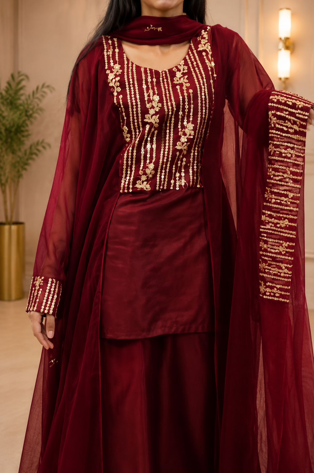 Royal Silk Embroidered 3 Piece Suit with Full-Length Net Sleeves & Wide Leg Trouser 💖