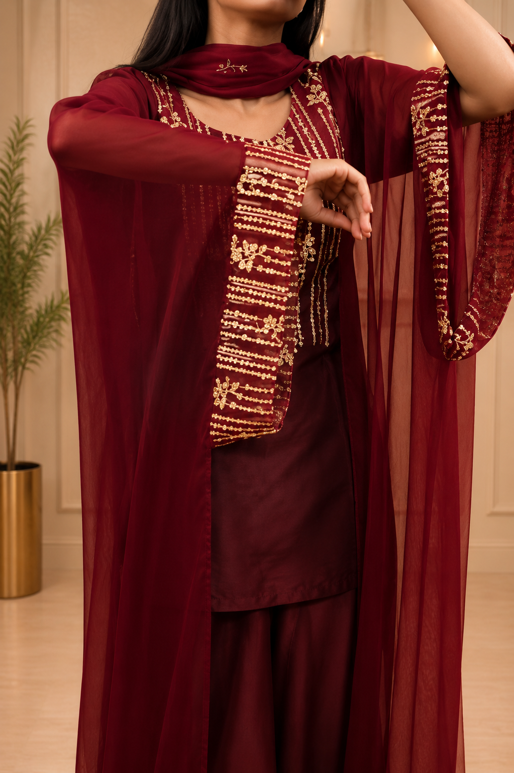 Royal Silk Embroidered 3 Piece Suit with Full-Length Net Sleeves & Wide Leg Trouser 💖
